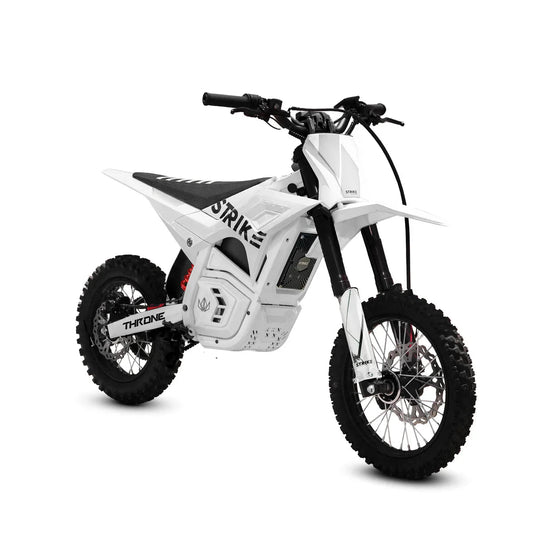 White eMOTO Strike Shadow 48V electric motorcycle, side view, product image for pre-order, available mid May 2026