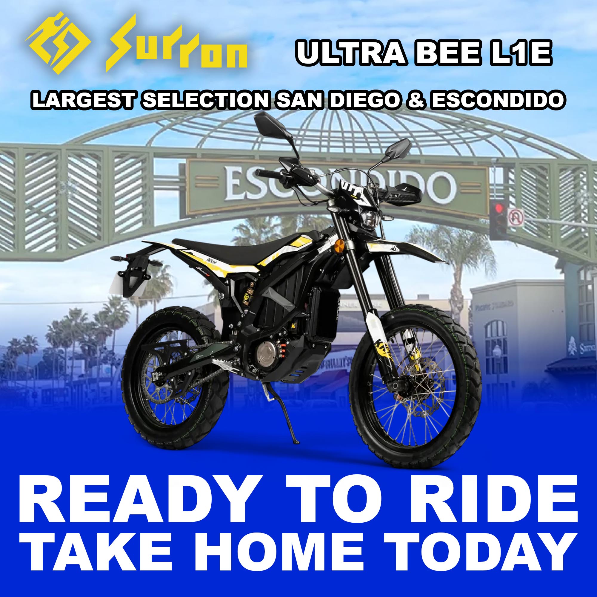 Black eMOTO Surron Ultra Bee L1E 12.5kW electric motorcycle, side view, ready to ride, against a plain background.