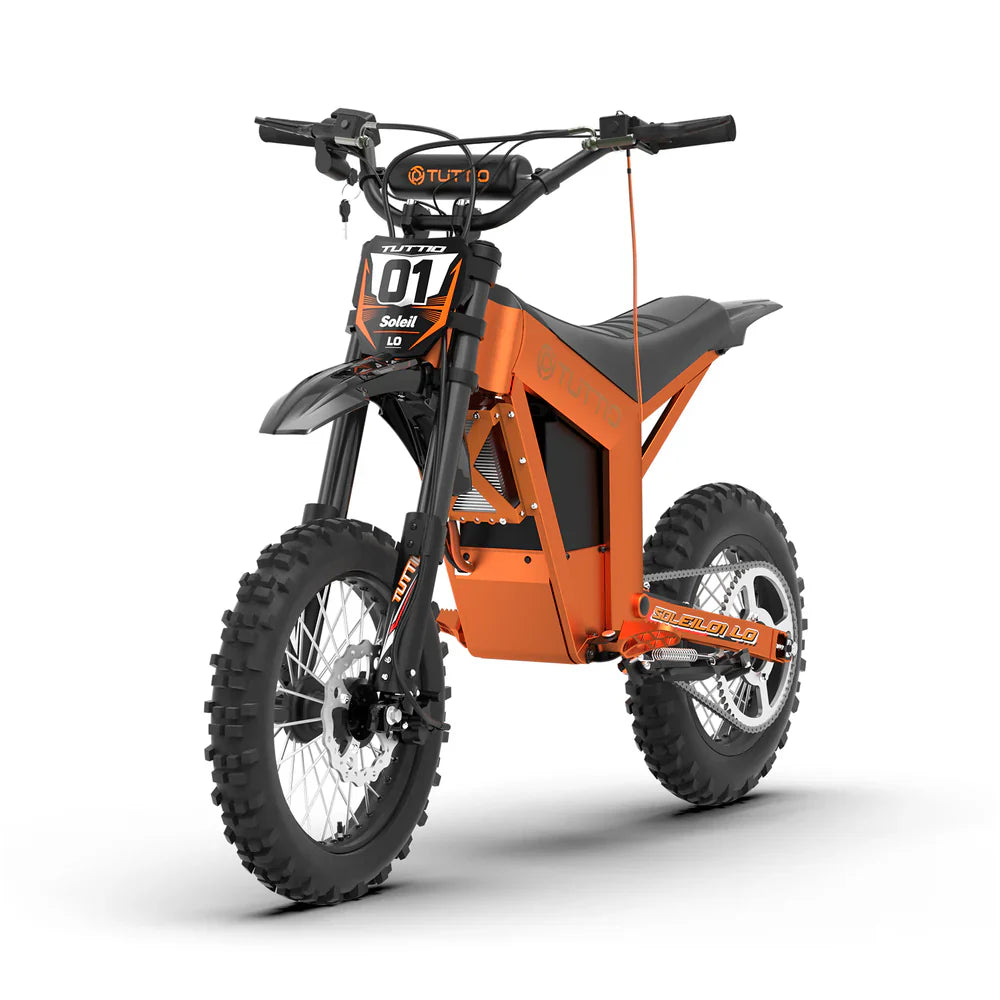 eMOTO Tuttio Soleil01 electric scooter in Lava Orange, side view, orange body with black accents, displayed on a white background