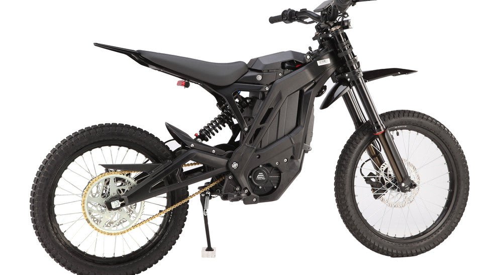 eMOTO eRide Pro SS 3.0 electric dirt bike, 72v 6000W model, side view showing black and red frame, knobby tires, and off-road suspension