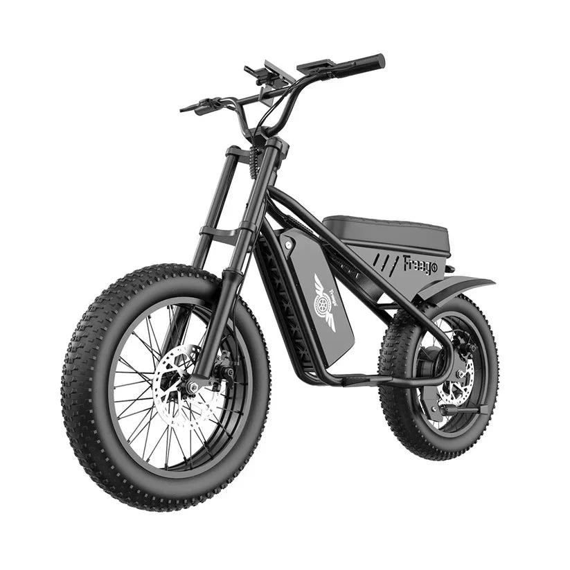 Black eMOTO FREEGO M1 electric mini fat tire e-bike with 500W motor, moto-style design, side view against white background