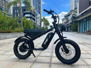 Black eMOTO FREEGO M1 electric mini fat tire e-bike with 500W motor, moto-style design, side view