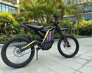 eMOTO FREEGO Natkie N1 Electric Dirt Bike, 4000W off-road eBike, black and red design, side view, rugged tires, outdoor background