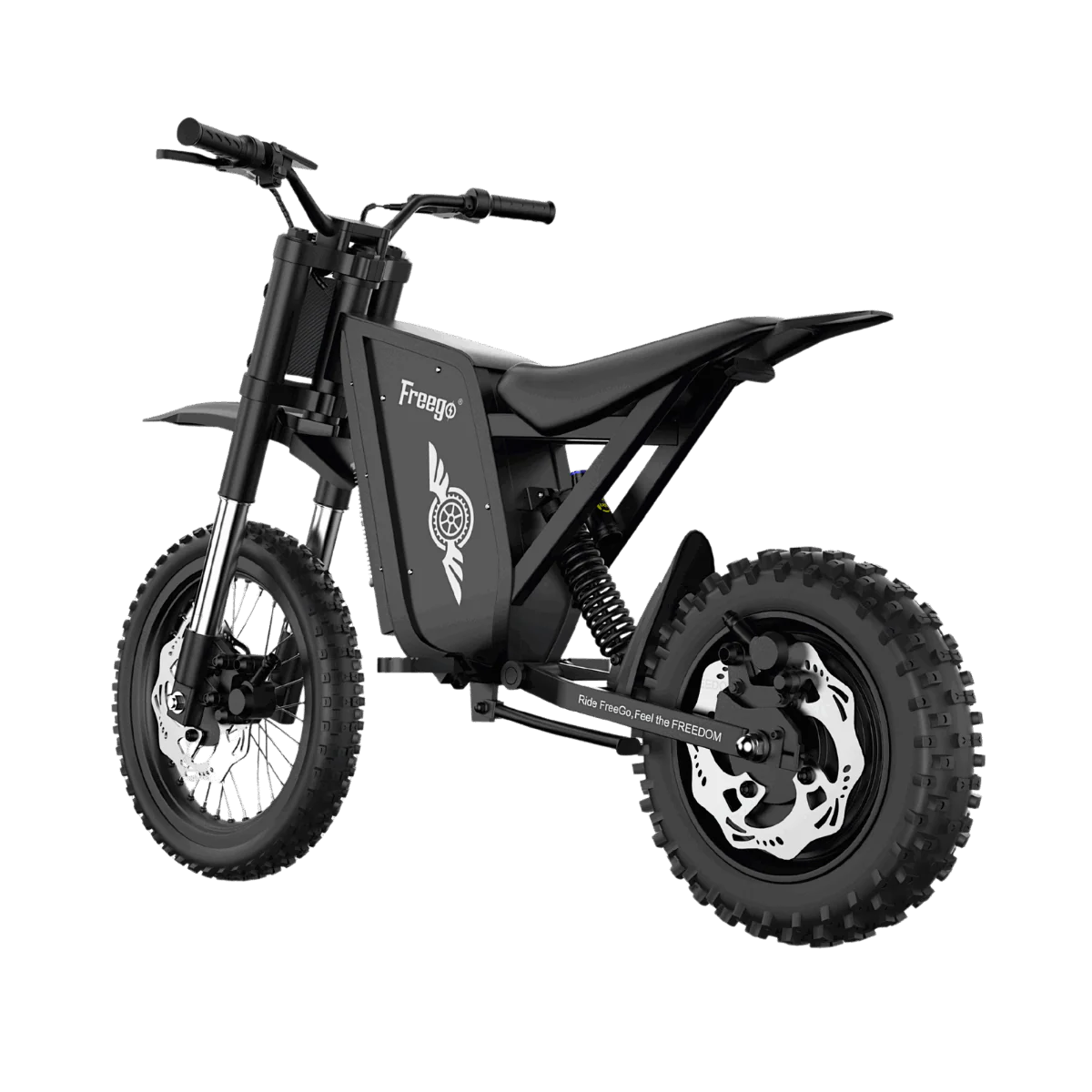 Side view of the eMOTO Freego X0 Electric Mini scooter in black, showing its compact frame, wide footboard, and thick tires against a plain background.