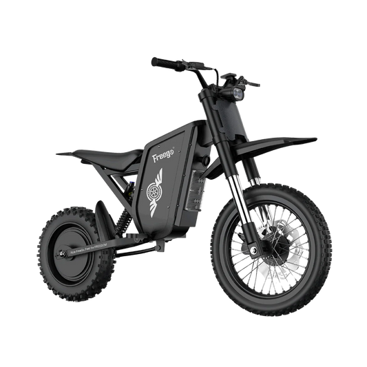 Side view of the eMOTO Freego X0 Electric Mini scooter in black, showing its compact frame, wide tires, and minimalist design against a plain background.
