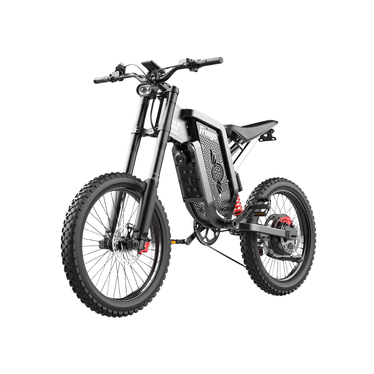 eMOTO Freego X2 Dirt Master electric dirt bike, side view, black and red color, parked on a dirt trail with trees in the background