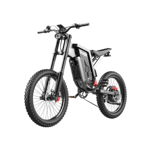 eMOTO Freego X2 Dirt Master electric dirt bike, side view, black and red color, parked on a dirt trail with trees in the background