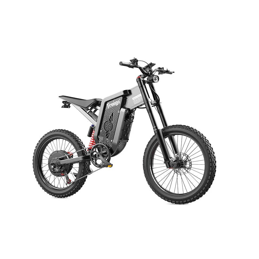 Side view of the eMOTO Freego X2 Dirt Master electric dirt bike, showcasing its rugged tires, sturdy frame, and sporty design against a plain background.