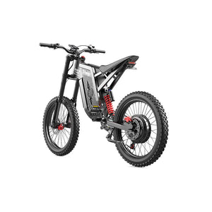 Side view of the eMOTO Freego X2 Dirt Master electric dirt bike parked on a dirt trail, showcasing its rugged tires, suspension, and sporty design.