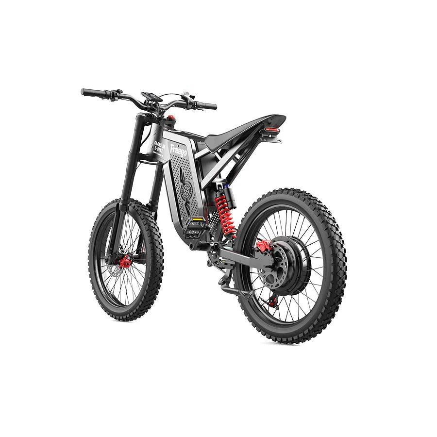 Side view of the eMOTO Freego X2 Dirt Master electric dirt bike parked on a dirt trail, showcasing its rugged tires, suspension, and sporty design.
