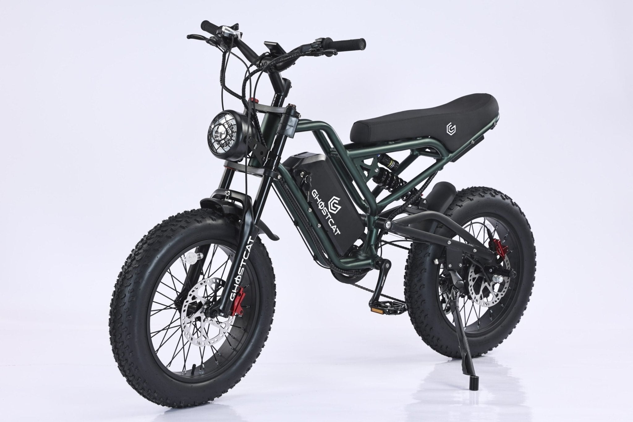 Army green eMOTO GHOSTCAT F3.2 electric bike, 1500W motor, side view, product image