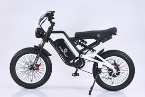 eMOTO GHOSTCAT F3.2 1500W electric bike in black and white color, side view, 20-inch wheels