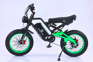 Neon green eMOTO GHOSTCAT F3.2 electric bike, 1500W model, side view against a white background