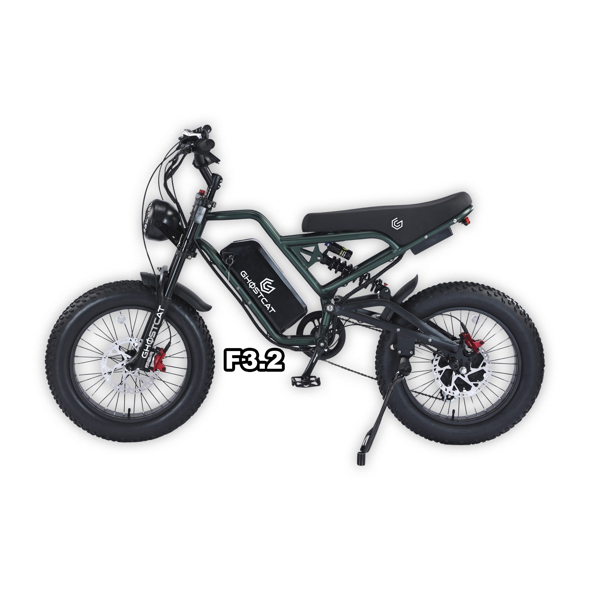 eMOTO Ghostcat F3.2 electric bike in army green, displayed in its product box packaging