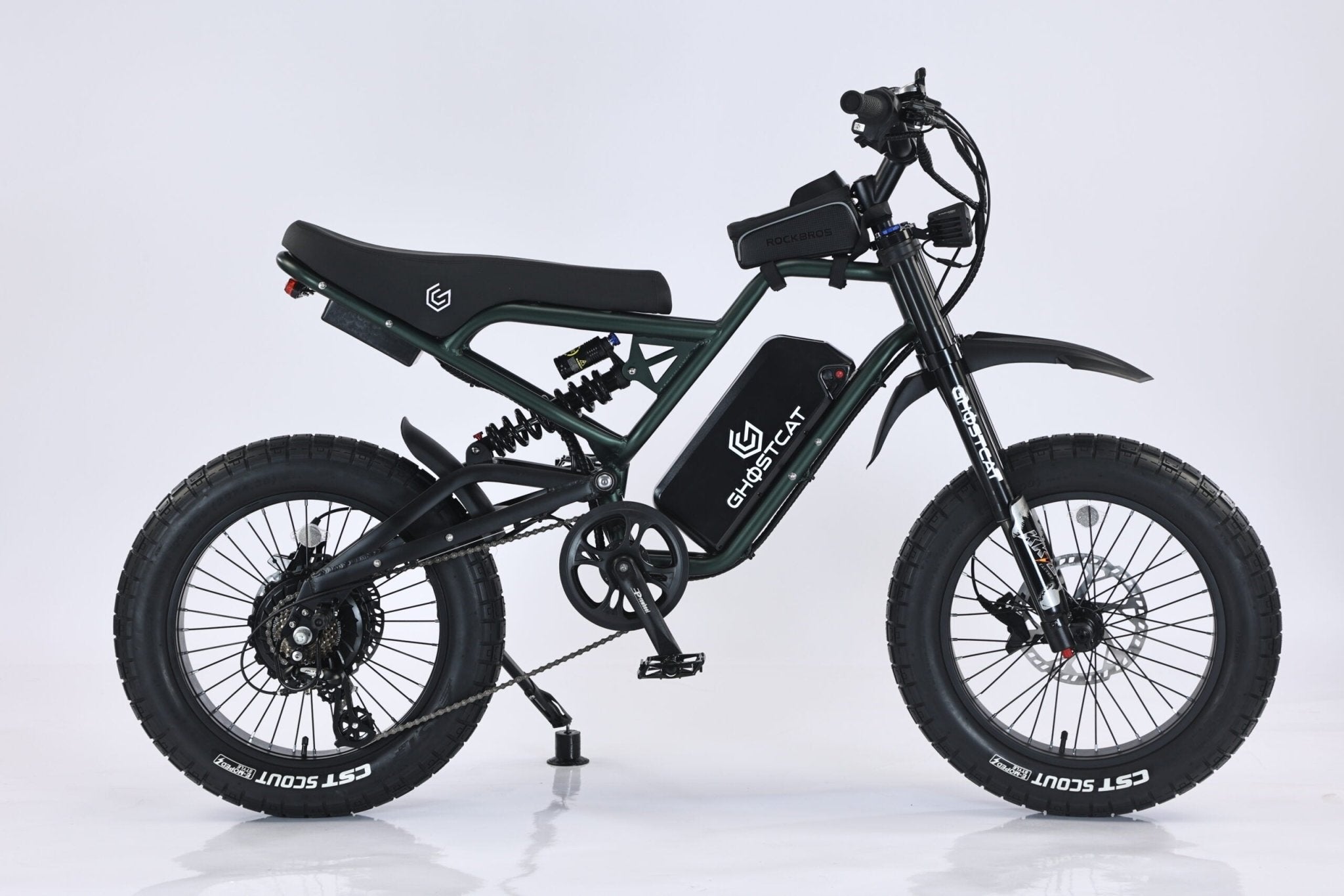 Army green eMOTO GHOSTCAT F3x.2 1500W Pro electric bike, side view, on white background