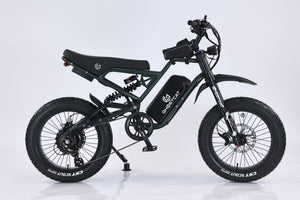 Army green eMOTO GHOSTCAT F3x.2 1500W Pro electric bike, side view, on white background