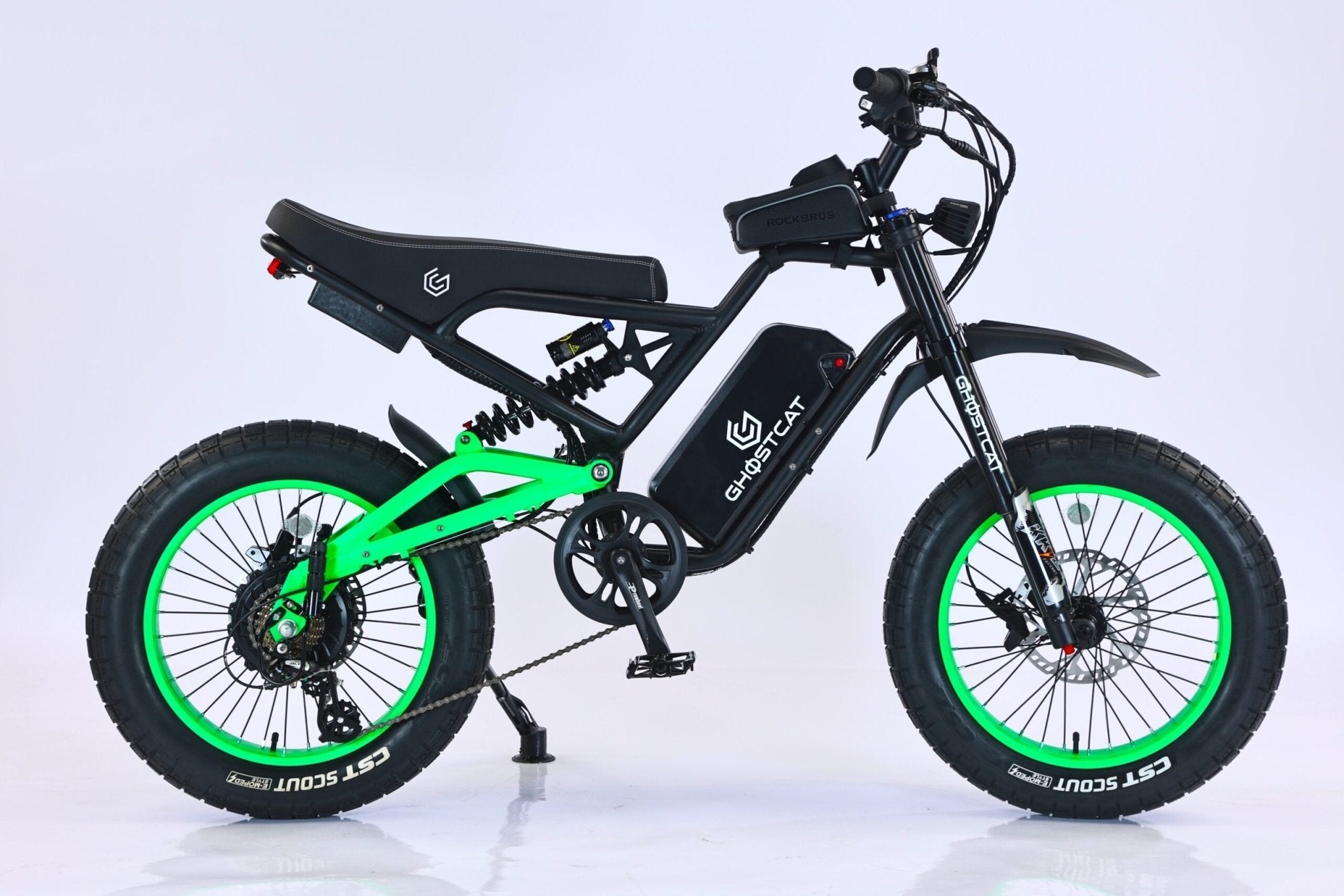 Neon green eMOTO GHOSTCAT F3x.2 1500W Pro electric bike, side view, model number 6019587