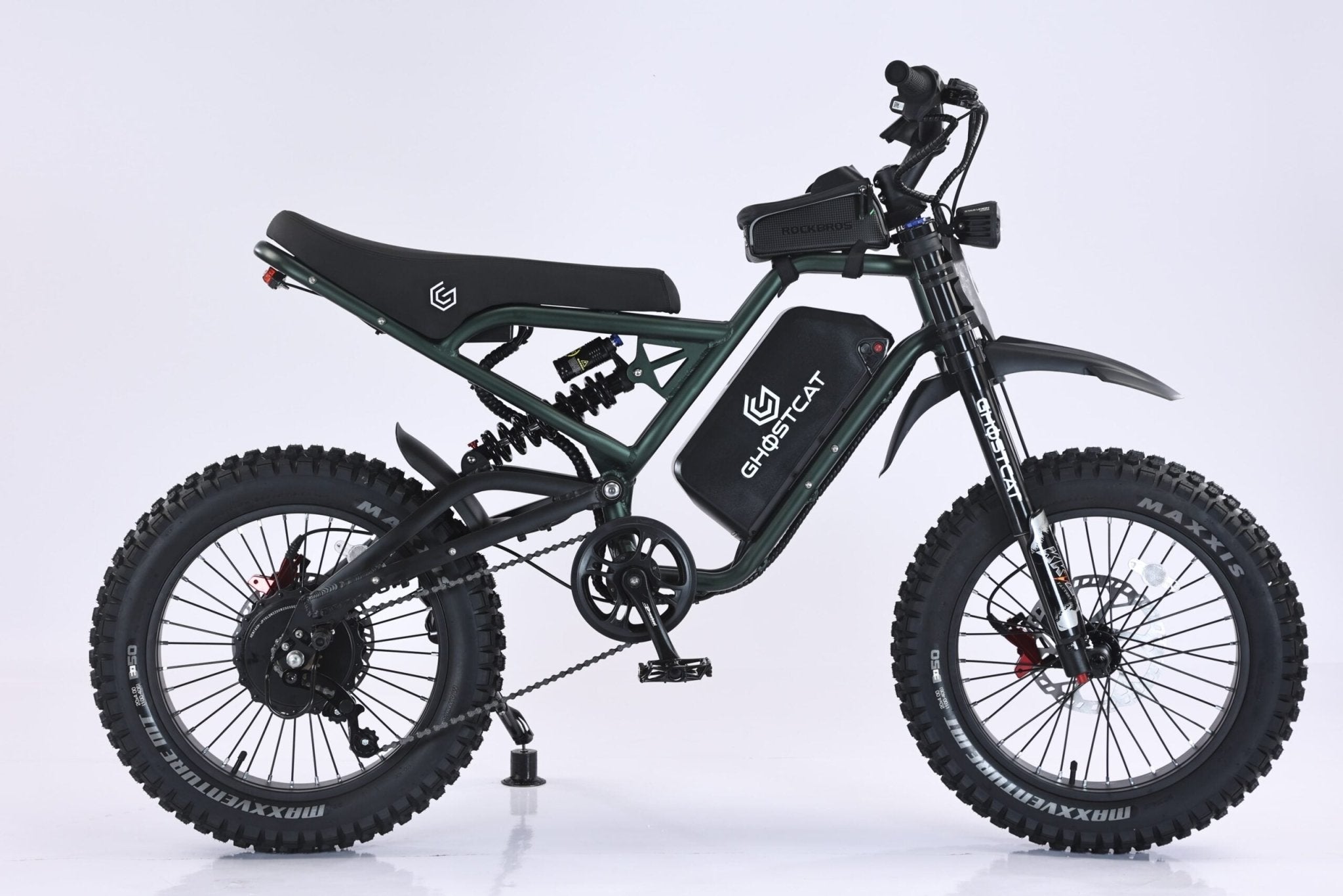Army green eMOTO GHOSTCAT F4X Pro electric bike, side view, on white background