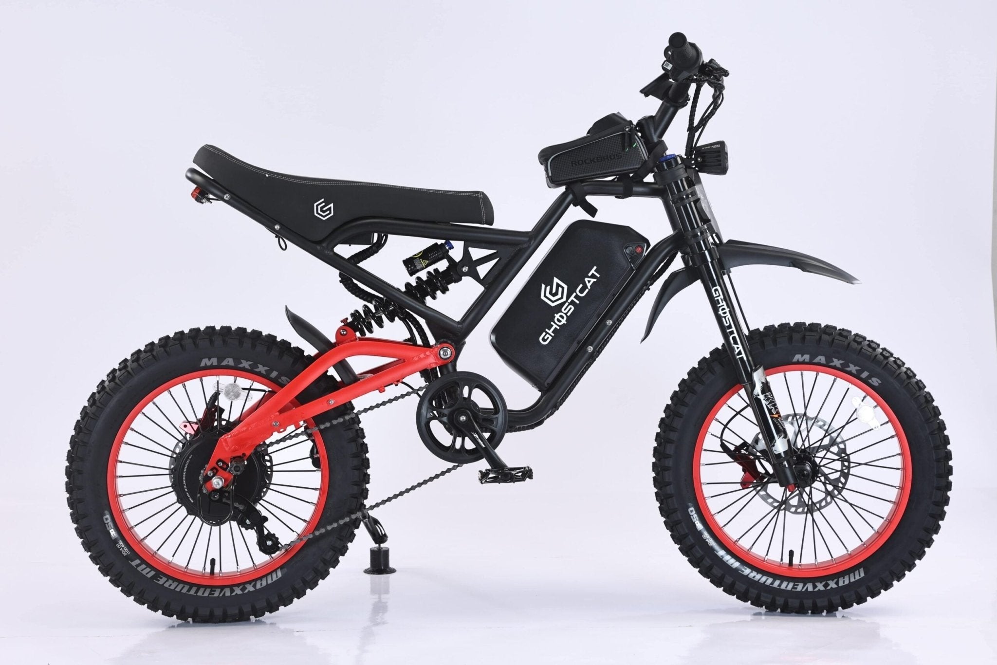 Red eMOTO GHOSTCAT F4X Pro electric bike, side view, showcasing sleek frame and modern design