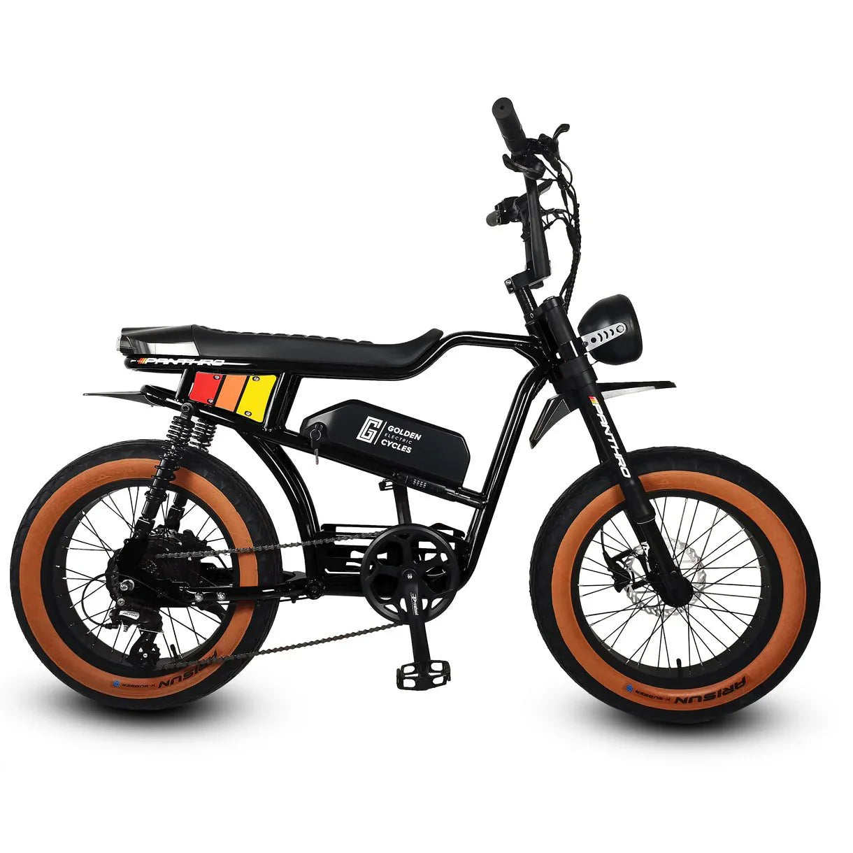 Black eMOTO GOLDEN CYCLE Panthro 750w Moto eBike with 20x4 fat tires, e-moto style, side view, product image