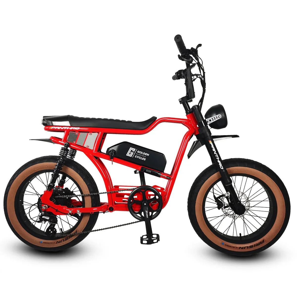 Red eMOTO GOLDEN CYCLE Panthro 750w Moto eBike with 20x4 fat tires, electric e-moto style, side view, product image
