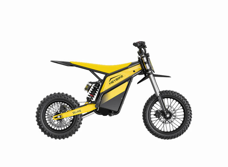 Heybike Villain electric mountain bike in yellow, side view, isolated on white background