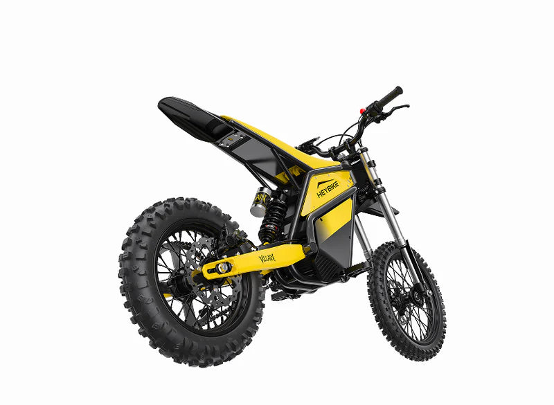 Heybike Villain electric mountain bike in yellow, side view, showcasing rugged frame and fat tires
