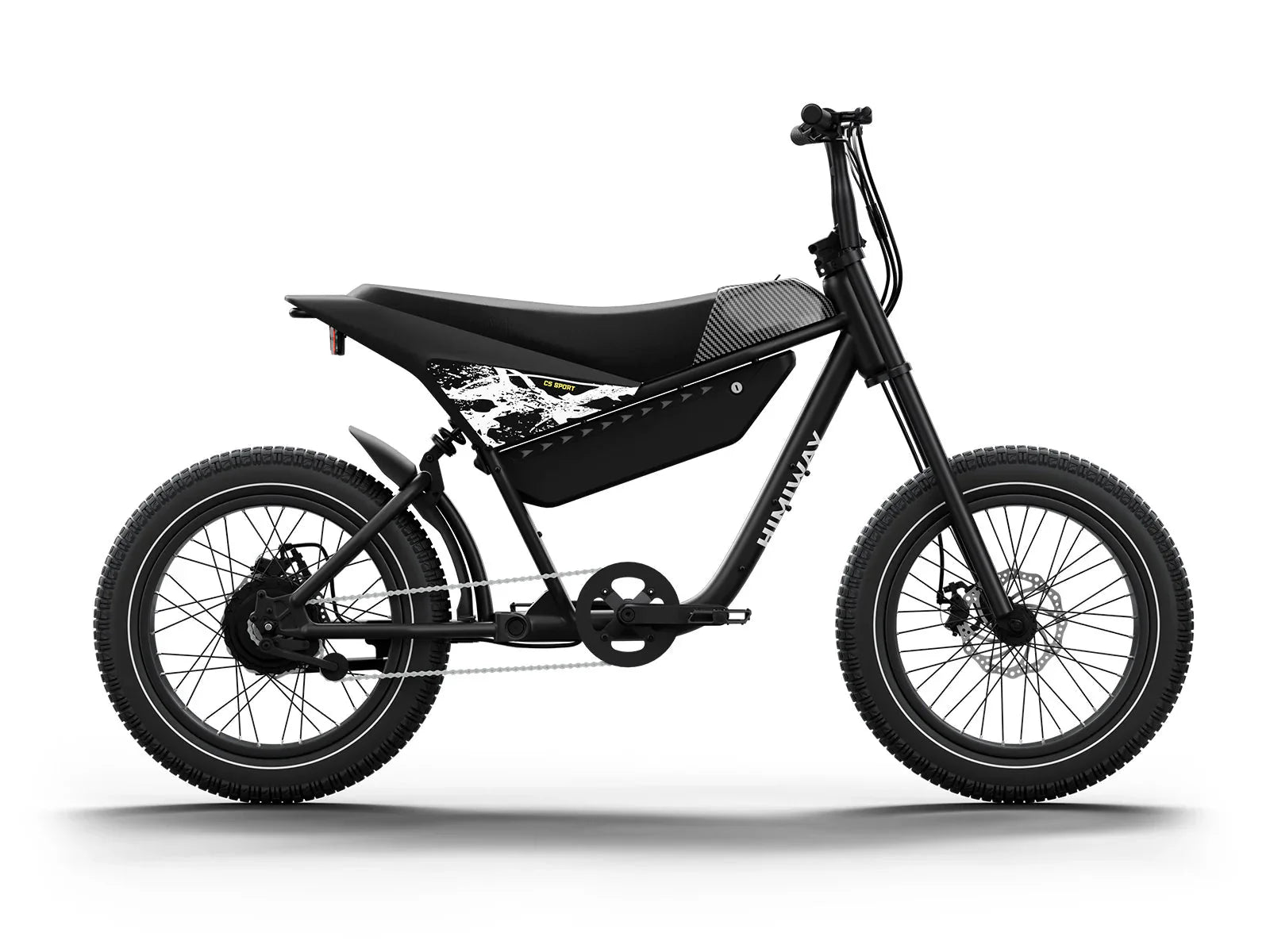Black eMOTO HIMIWAY C5 Sport 750W step-over e-moto style electric bike with 20x4 fat tires, shown from the side