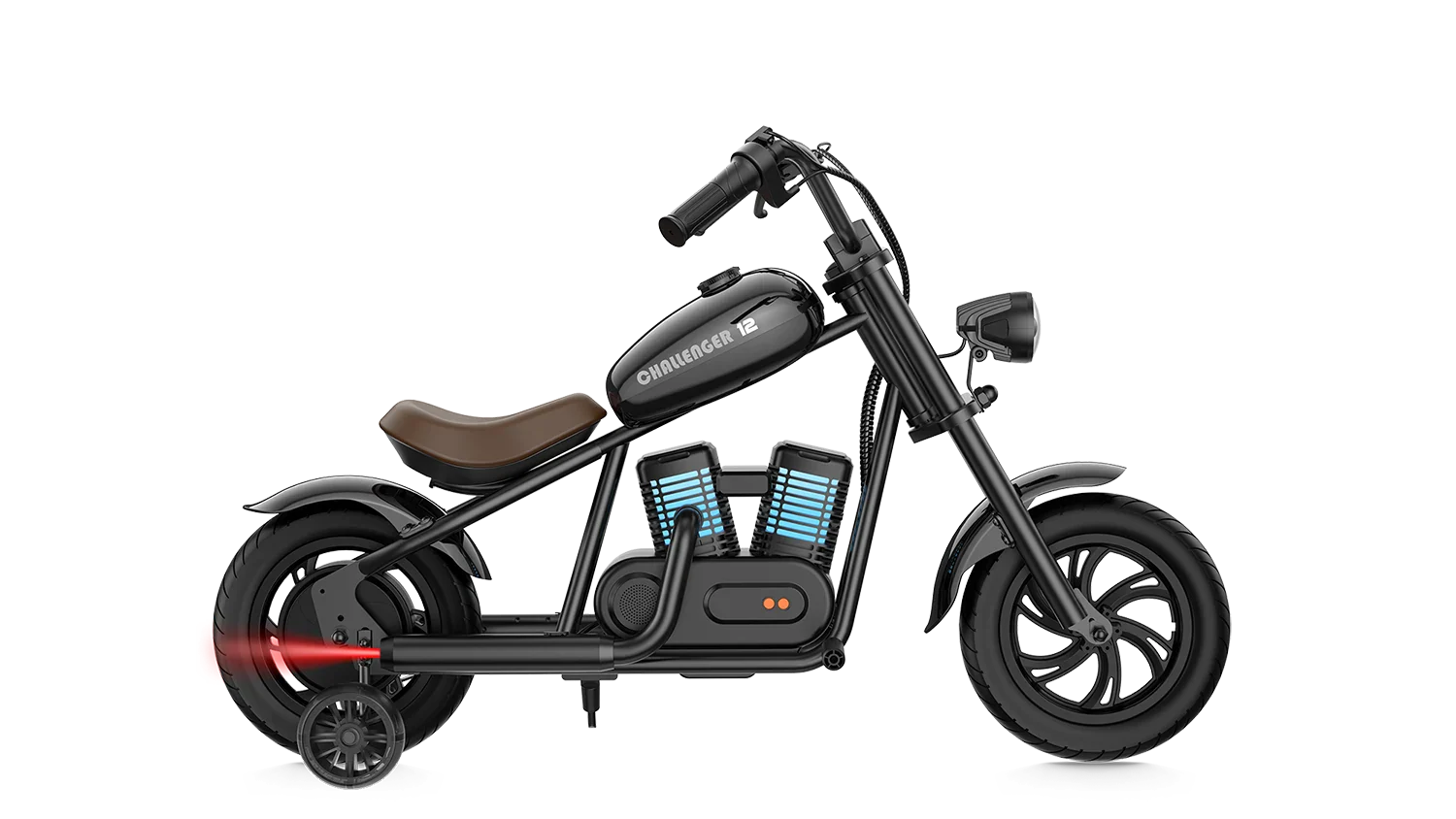 Black eMOTO Hyper Gogo Challenger 12 Plus electric bike with training wheels, side view