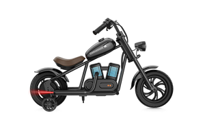 Black eMOTO Hyper Gogo Challenger 12 Plus electric bike with training wheels, side view