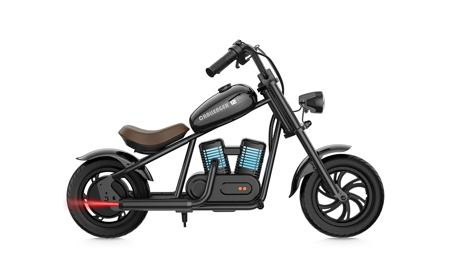 Black eMOTO Hyper Gogo Challenger 12 Plus electric bike without training wheels, side view on white background