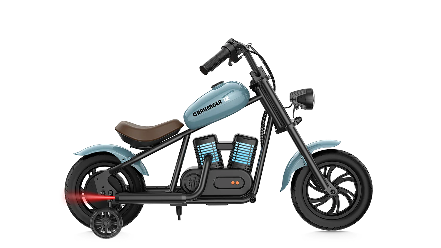 Blue eMOTO Hyper Gogo Challenger 12 Plus electric bike with training wheels, side view