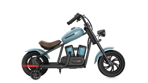 Blue eMOTO Hyper Gogo Challenger 12 Plus electric bike with training wheels, side view