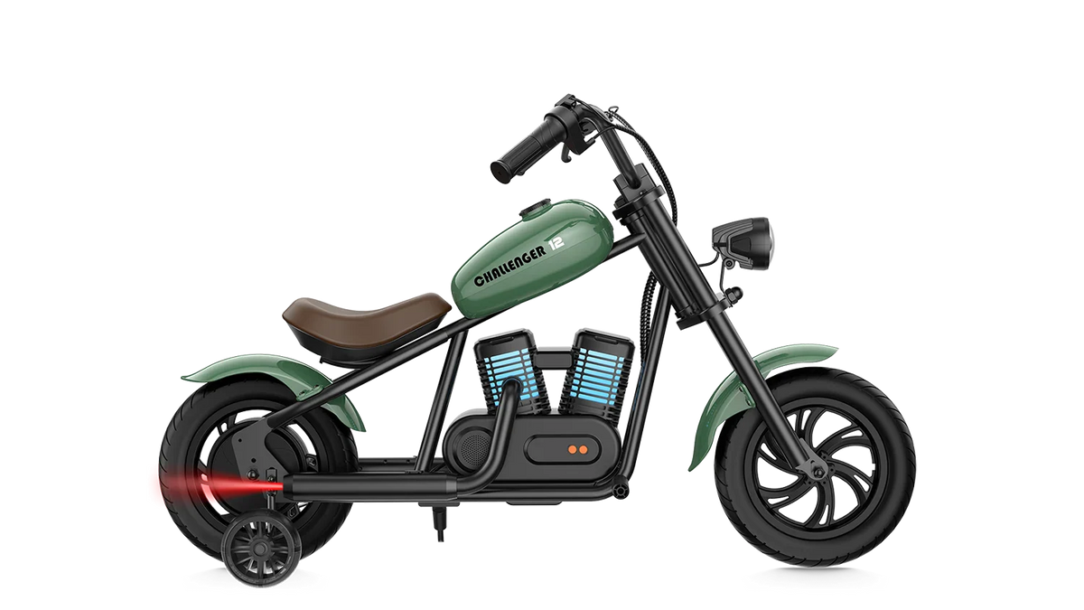 Green eMOTO Hyper Gogo Challenger 12 Plus electric bike with training wheels, side view