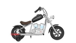 Black eMOTO Hyper Gogo Challenger 12 Plus electric bike with training wheels, shown in side view; features app connectivity.