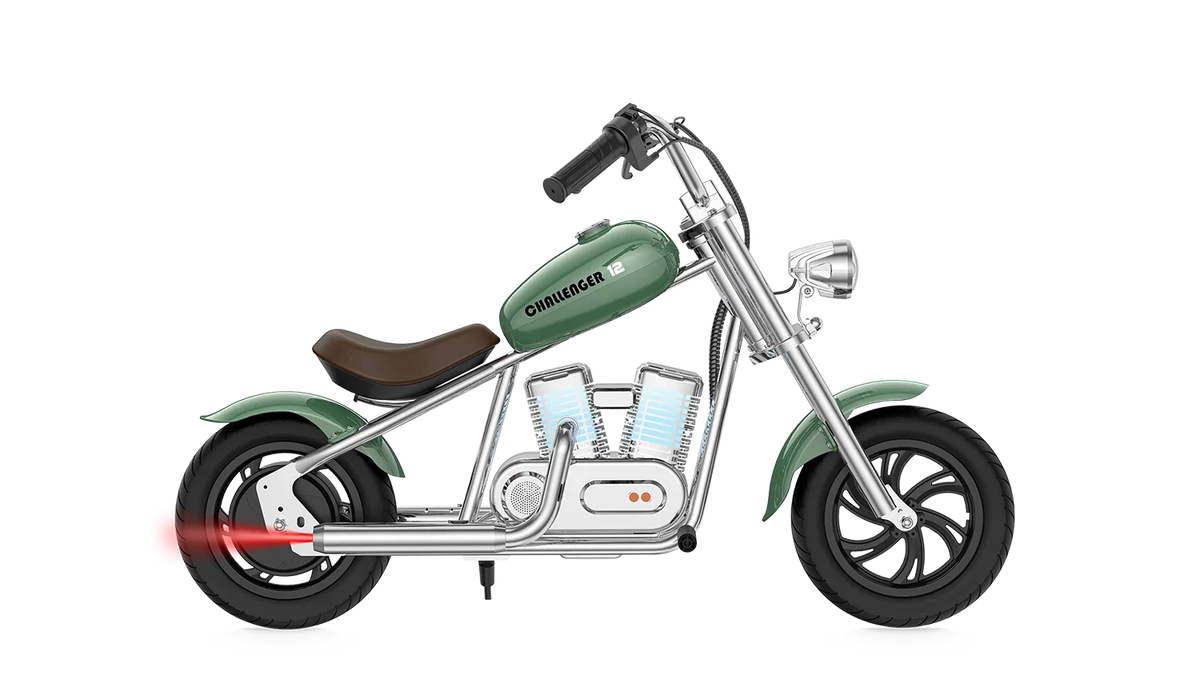 Hyper Gogo Challenger 12 Plus kids electric motorbike in Green, without training wheels