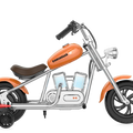 Orange eMOTO Hyper Gogo Challenger 12 Plus electric bike with training wheels, shown in profile, featuring app connectivity