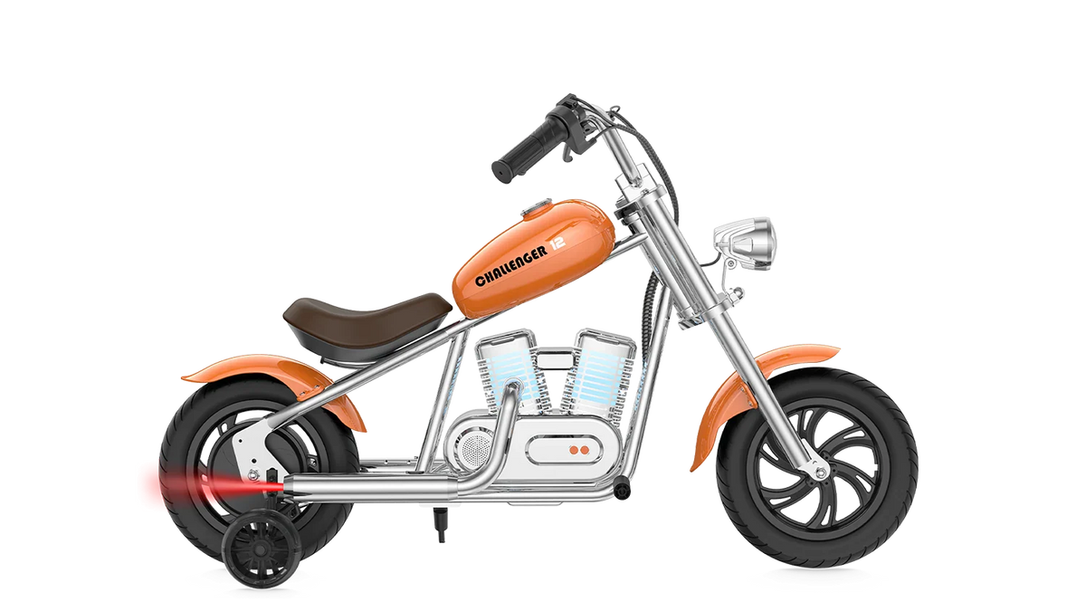 Orange eMOTO Hyper Gogo Challenger 12 Plus electric bike with training wheels, shown in profile, featuring app connectivity