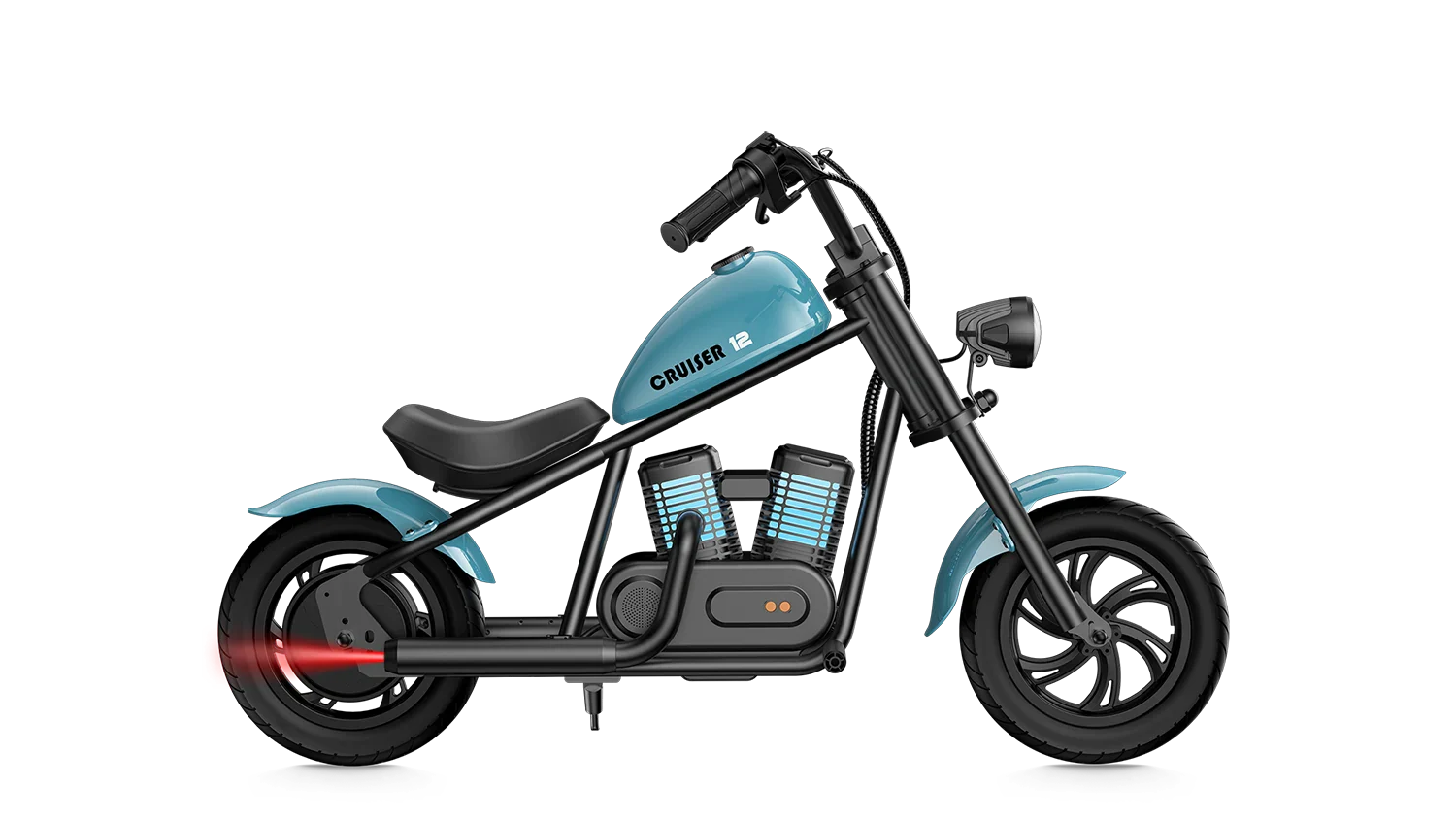 Blue eMOTO Hyper Gogo Cruiser 12 Plus electric bike, side view, on a white background