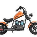 Orange eMOTO Hyper Gogo Cruiser 12 Plus electric bike, side view, showing sturdy frame, thick tires, and modern design features.