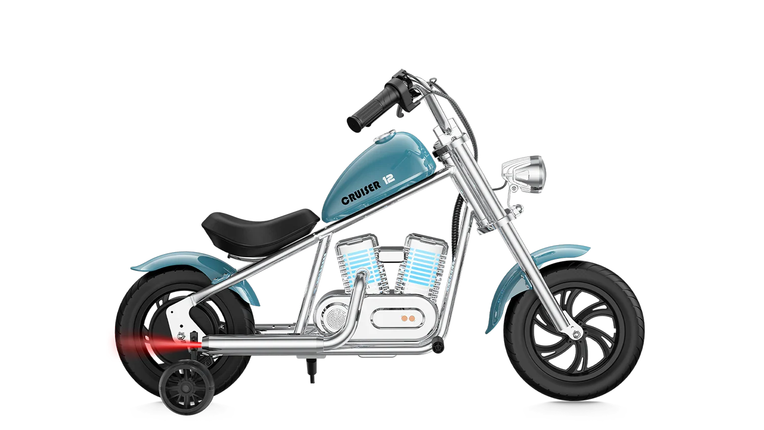 Blue eMOTO Hyper Gogo Cruiser 12 Plus electric bike with training wheels, shown in product image, app-compatible model