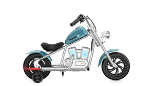Blue eMOTO Hyper Gogo Cruiser 12 Plus electric bike with training wheels, shown in product image, app-compatible model