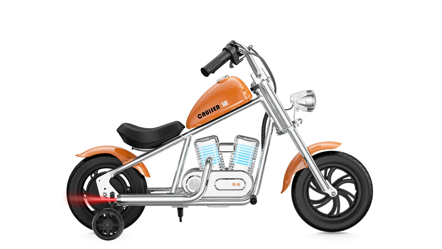 Orange eMOTO Hyper Gogo Cruiser 12 Plus electric bike with training wheels, shown in side view, featuring app connectivity
