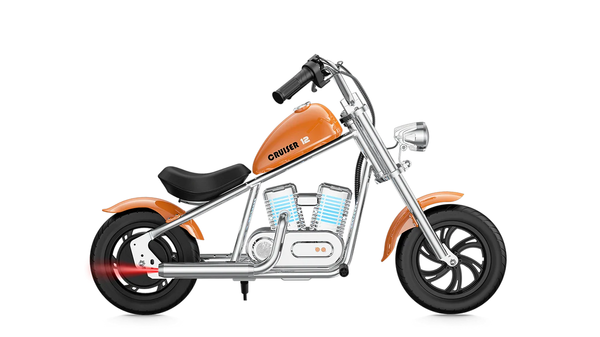 Orange eMOTO Hyper Gogo Cruiser 12 Plus electric bike with app connectivity, side view, on white background