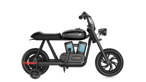 Black eMOTO Hyper Gogo Pioneer 12 Plus electric bike with training wheels, side view