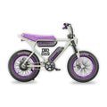 Purple eMOTO MACFOX X1S x Bs.zay electric mini fat tire eBike with step-over frame, dual battery, and 500W motor, shown in product image.