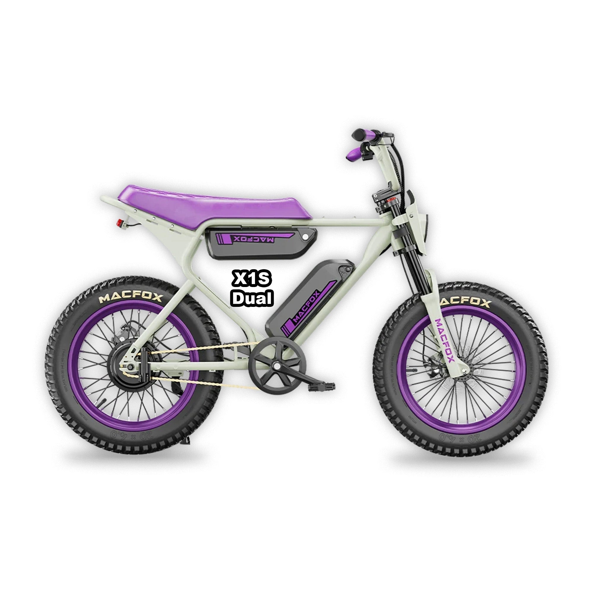 Purple eMOTO MACFOX X1S x Bs.zay electric mini fat tire eBike with step-over frame, dual battery, and 500W motor, shown in product image.