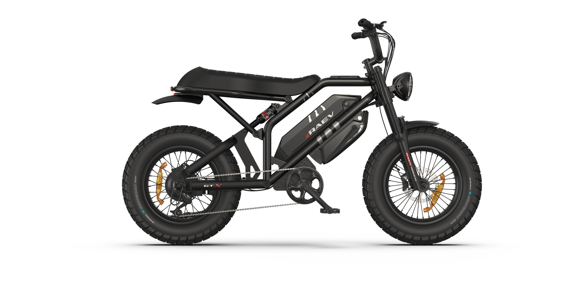 Metallic black eMOTO RAEV Bullet GTX electric bike with 1500W motor, dual suspension, and moto-style design, side view