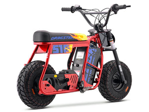 Red Emoto Stomp Ebox Dragster 60R electric pit bike displayed in a showroom, side view, with visible branding and sporty design.
