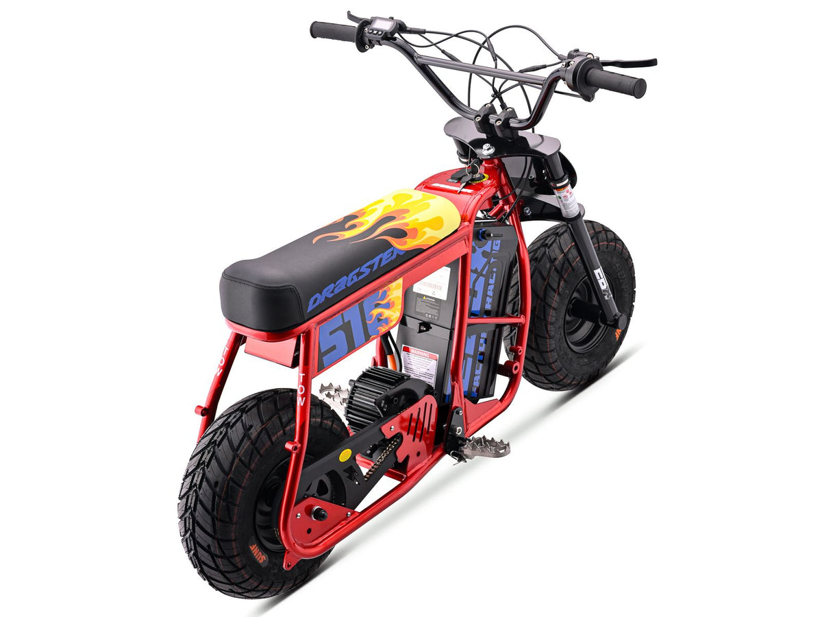 Red Emoto Stomp Ebox Dragster 60R electric pit bike displayed in a showroom with branding and product details visible.